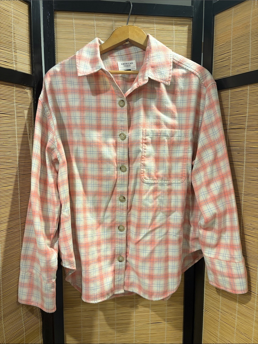 American Eagle Outfitters Coral and Cream Plaid Button-Down Shirt